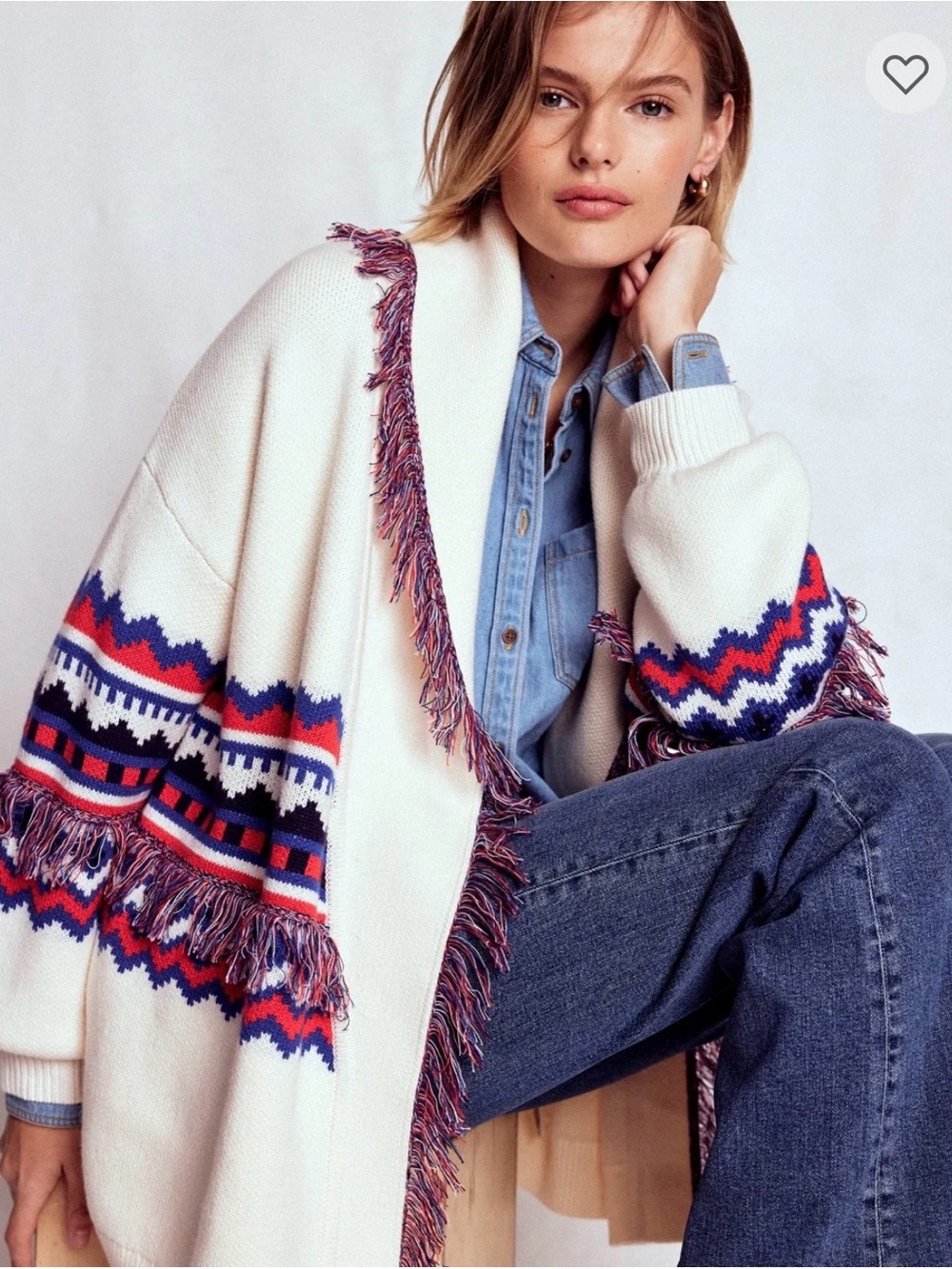 Boden Fringed Jacquard Cardigan in Warm Ivory Melange